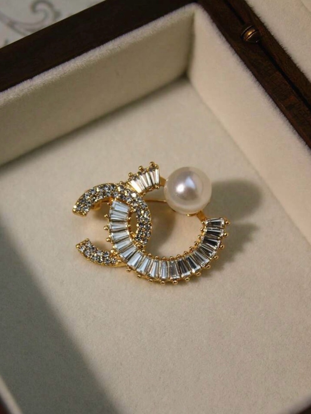 Gold Pearl & Crystal Double-C Logo Brooch - Elegant Women’s Jewelry